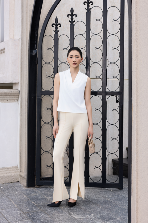 ARIS Pleated V-Neck Sleeveless Top in Cream