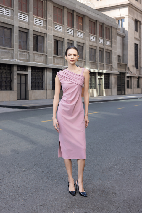 SERA Asymmetric Ruch Midi Dress in Pink