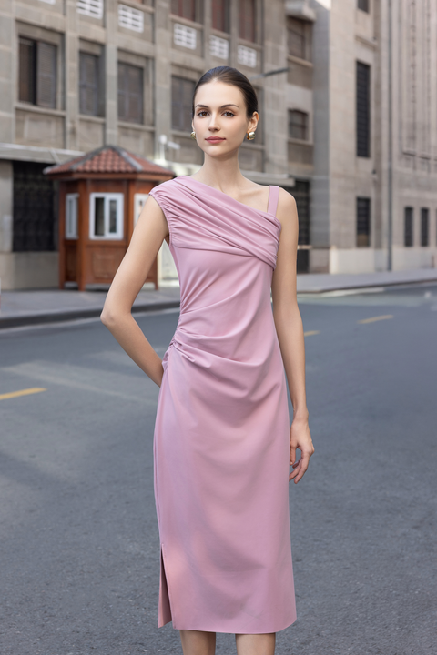 SERA Asymmetric Ruch Midi Dress in Pink