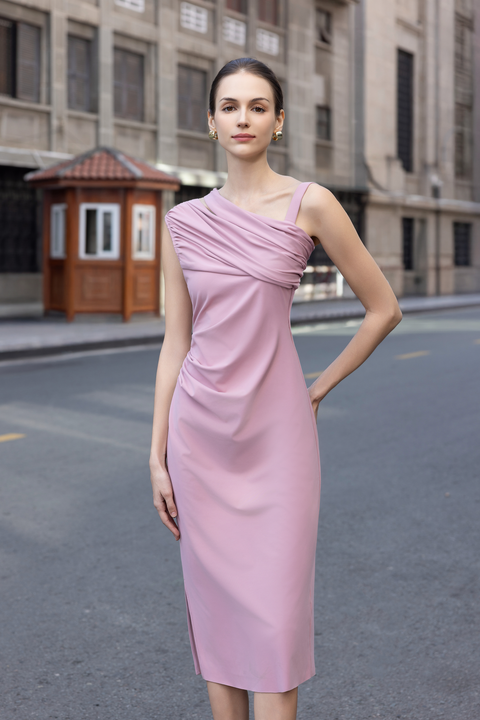 SERA Asymmetric Ruch Midi Dress in Pink