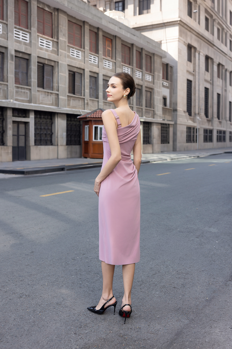 SERA Asymmetric Ruch Midi Dress in Pink