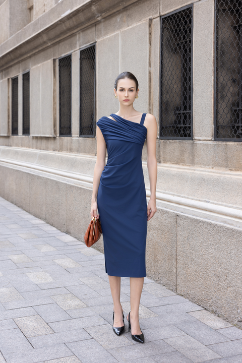 SERA Asymmetric Ruch Midi Dress in Navy