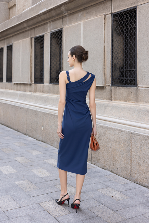 SERA Asymmetric Ruch Midi Dress in Navy