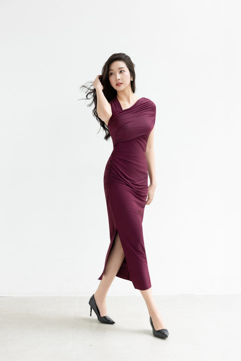 LUNE Ruched Midi Dress in Oxblood