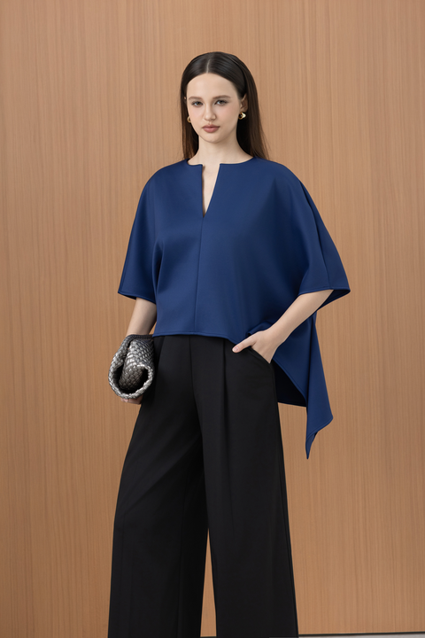 VETA Draped Hem Top in Navy