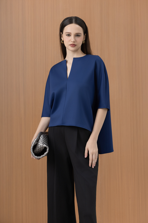 VETA Draped Hem Top in Navy