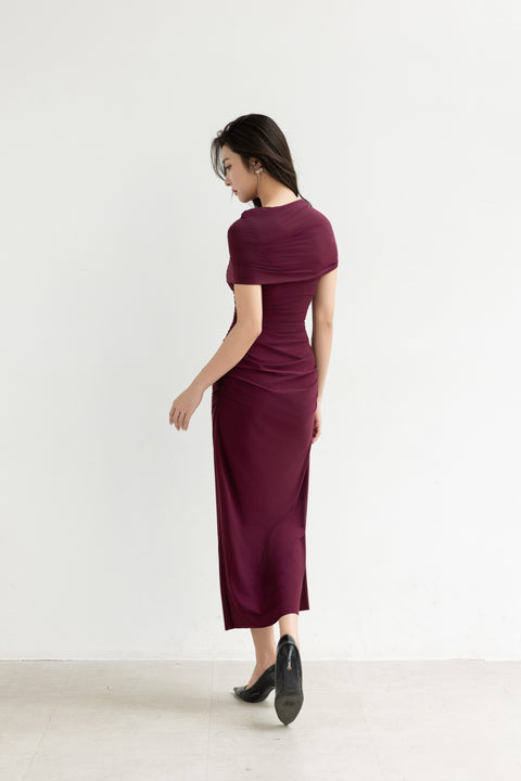 LUNE Ruched Midi Dress in Oxblood