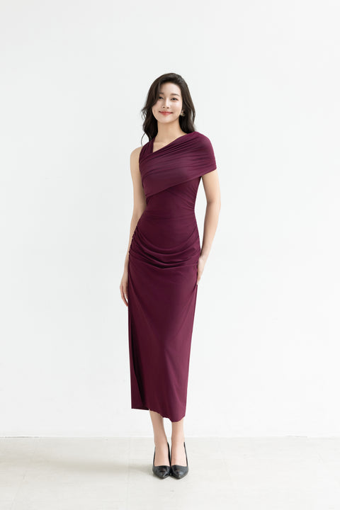 LUNE Ruched Midi Dress in Oxblood