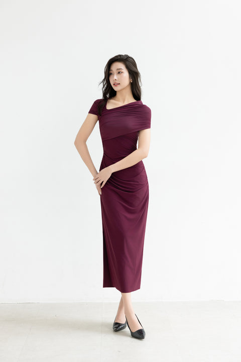 LUNE Ruched Midi Dress in Oxblood