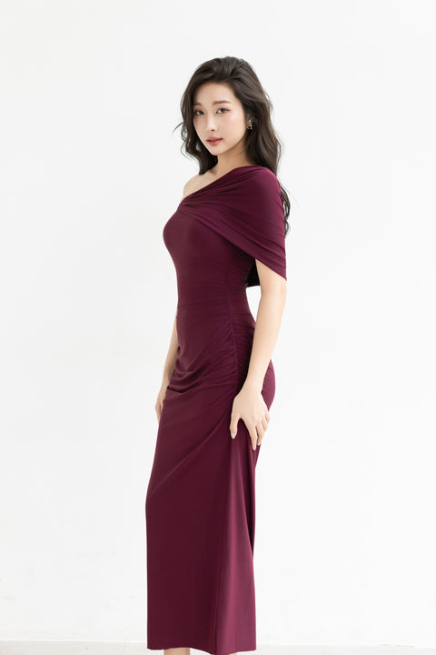 LUNE Ruched Midi Dress in Oxblood