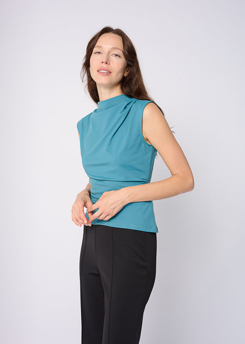 MONA Mock Neck Ruched Top in Glacier Green