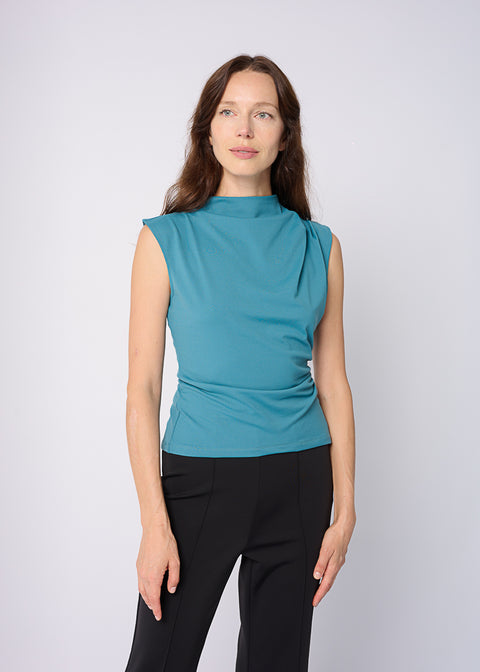 MONA Mock Neck Ruched Top in Glacier Green