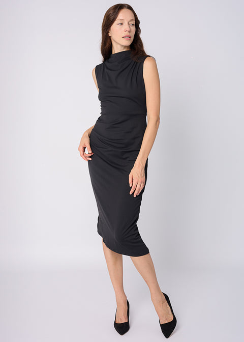 ELLE Mock Neck Ruched Dress in Black