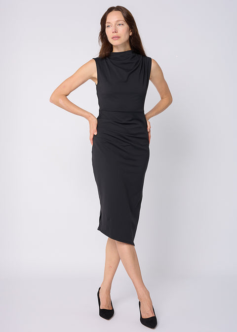 ELLE Mock Neck Ruched Dress in Black