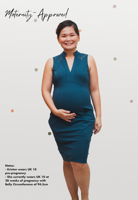Kristen Kiong 28 Weeks Pregnant in bump-friendly CELO Dress in Peacock Green by As Intended a Workleisure label