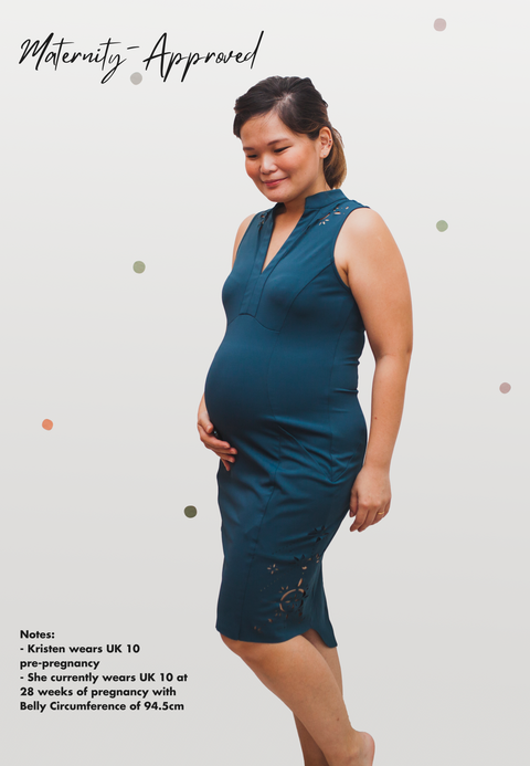 Kristen Kiong 28 Weeks Pregnant in bump-friendly CELO Dress in Peacock Green by As Intended a Workleisure label