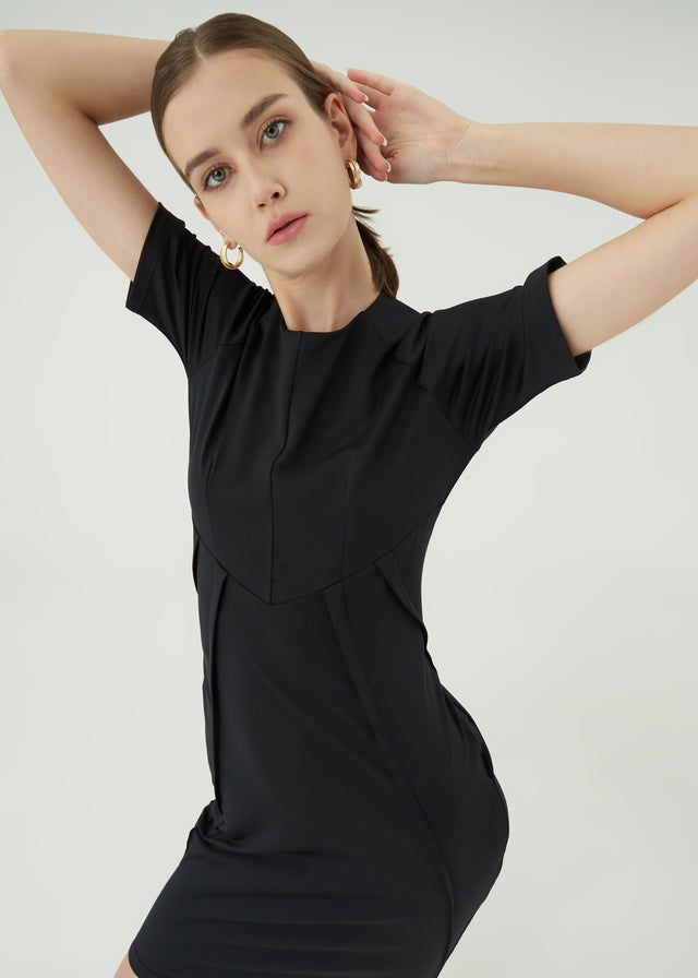 Stretching in Recycled Plastics REPREVE DASH Dress in Black by As Intended a Workleisure label