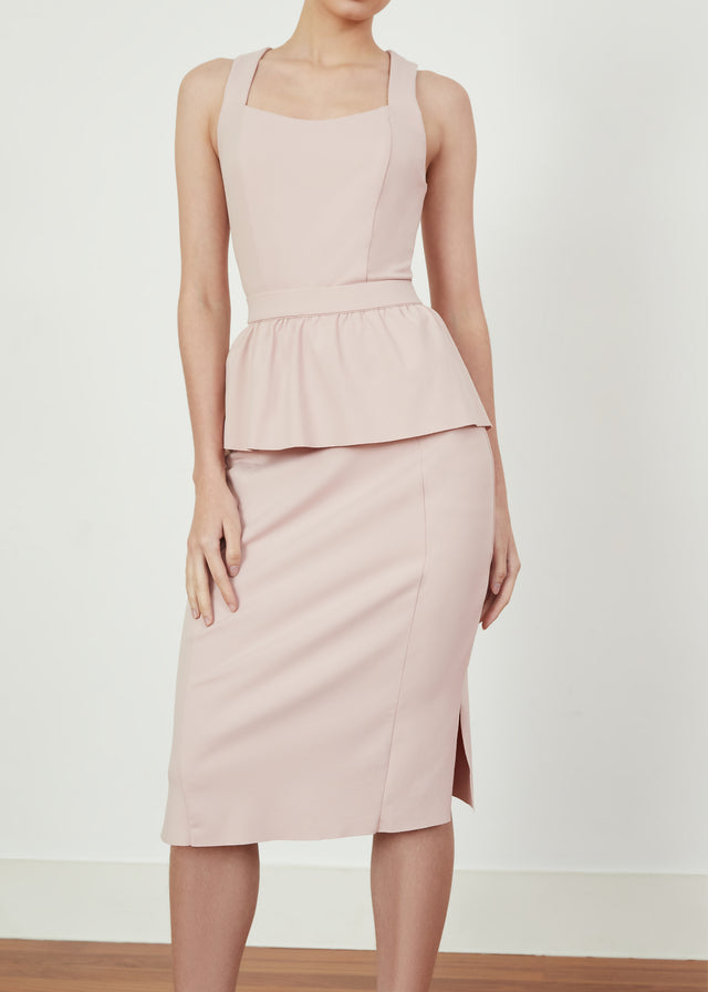 Close Up of AEDA Detachable Peplum Dress in Pink by As Intended a Workleisure label
