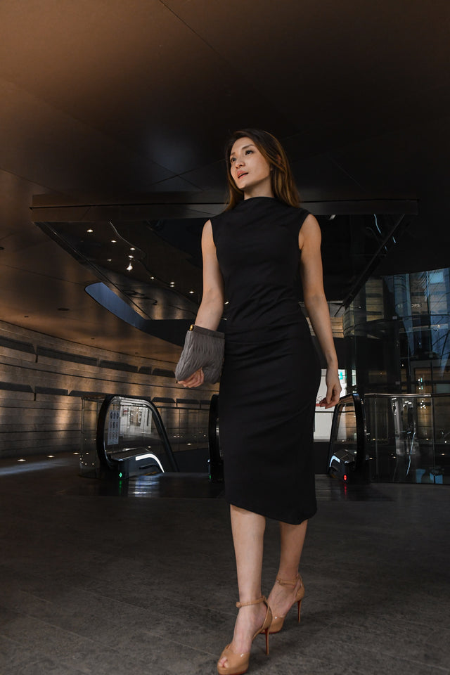 GOYA, Elle Dress in Black, Workleisure Midi-Length Dress, Women Performance Workwear, Summer Workwear Singapore